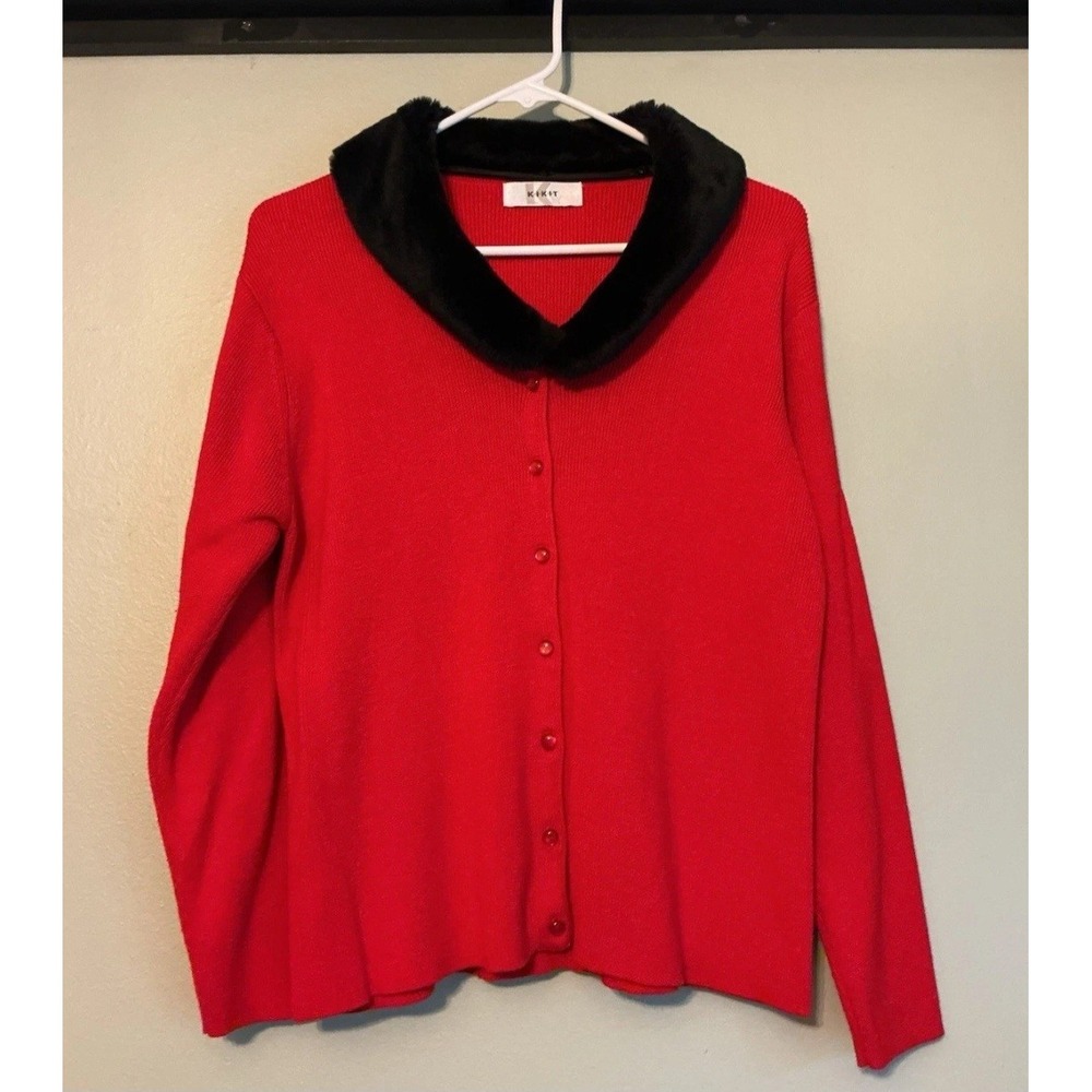 Vtg KIKIT Cardigan Sweater Womens Red Long Sleeve Removable Faux Fur Collar M